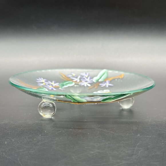 Hand Painted Glass Plate Bees Purple Flowers Decorative Floral Botanical Footed - Picture 3 of 9